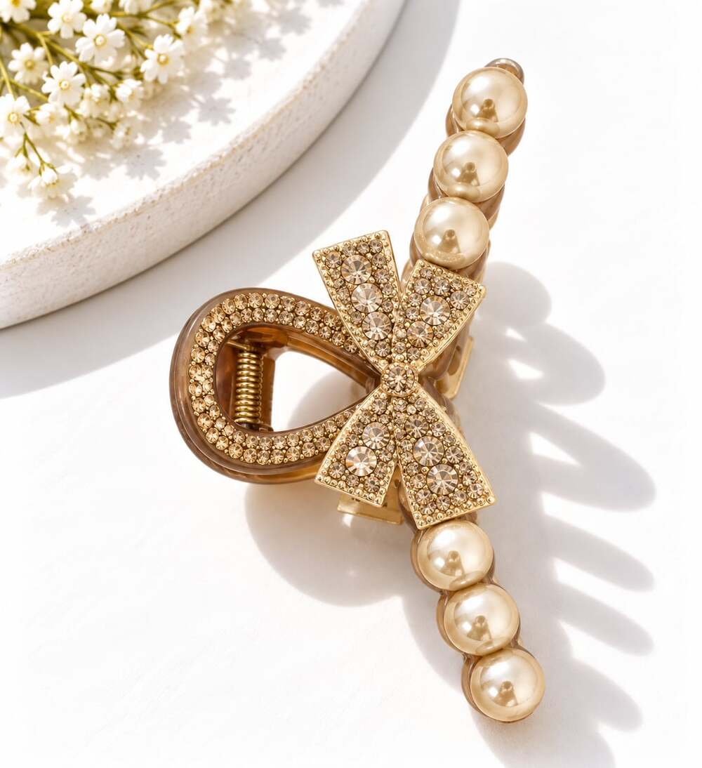 Brown Tortoiseshell Pearl Bow Hair Claw Clip Rhinestone Coquette Statement